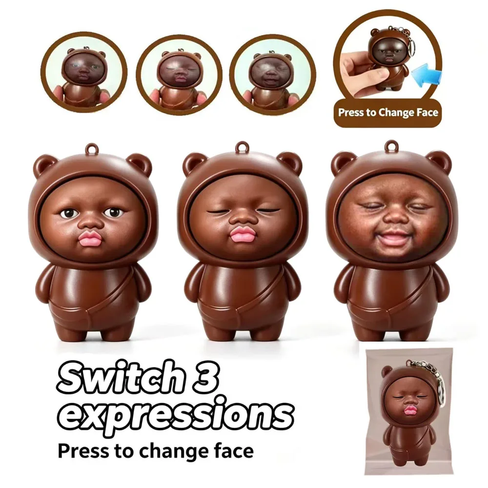 Muñeca Kawaii Baby Natasha con Rostro Cambiante, Linda y Fea Chica Negra, Decoración Creativa para Bolsos, Llavero con Rostro Cambiante de Dibujos Animados, Regalos de Muñecas