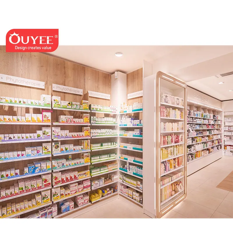 Customized-Wooden Pharmacy Shelves Decoration Medicine Shop Retail Pharmacy Shelving