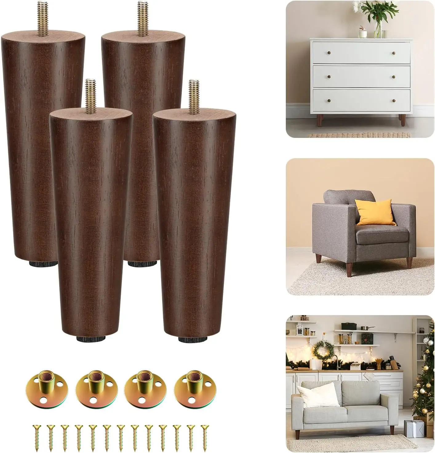 6-Inch Round Wood Furniture Legs Set of 4, Adjustable Replacement Feet for Couch, Bed, Dresser, Brown Tapered Legs with Levelers
