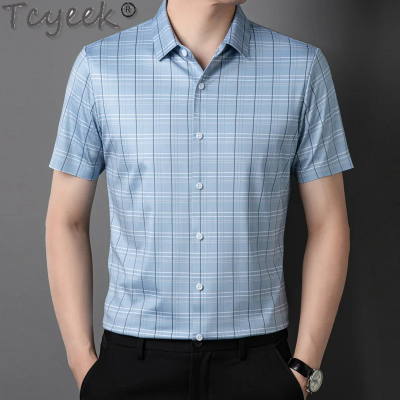 Tcyeek 4% Mulberry Silk Shirt Men Summer Clothes Short Sleeve Plaid Shirts Business Casual Mens Shirts Thin Style Chemise Homme