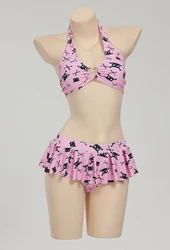 Meowcos Women Swimwear Thriller Kitten Skull Cat Print Swimsuit Heart-shaped Design Pink Skeleton Cat Two Pieces Swimsuit