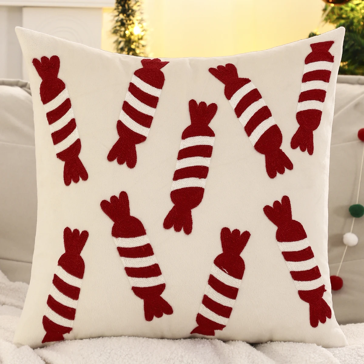 1 PC Christmas Candy Throw Pillow Cover Velvet Embroidery Snowflake Christmas Decoration Living Room