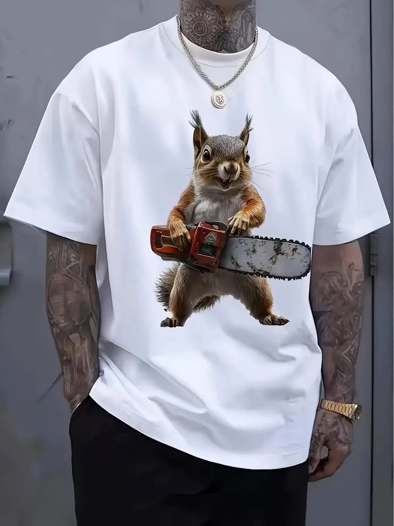 Men's Squirrel Print T-Shirt - Breathable Round Neck Short Sleeve Band Shirt, Suitable for Concerts, Gym & Casual Wear, Bold Squirrel Design, Machine Washable Street Style Top, Comfortable Squirrel Casual Wear for All Seasons