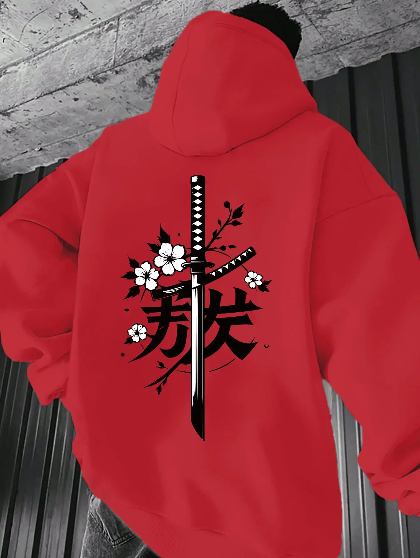 Vintage Japan Samurai Katana Sakura Graphic Hoodie Men Casual Loose Fit Plus Size Hooded Sweatshirt Back Print Casual Hoody