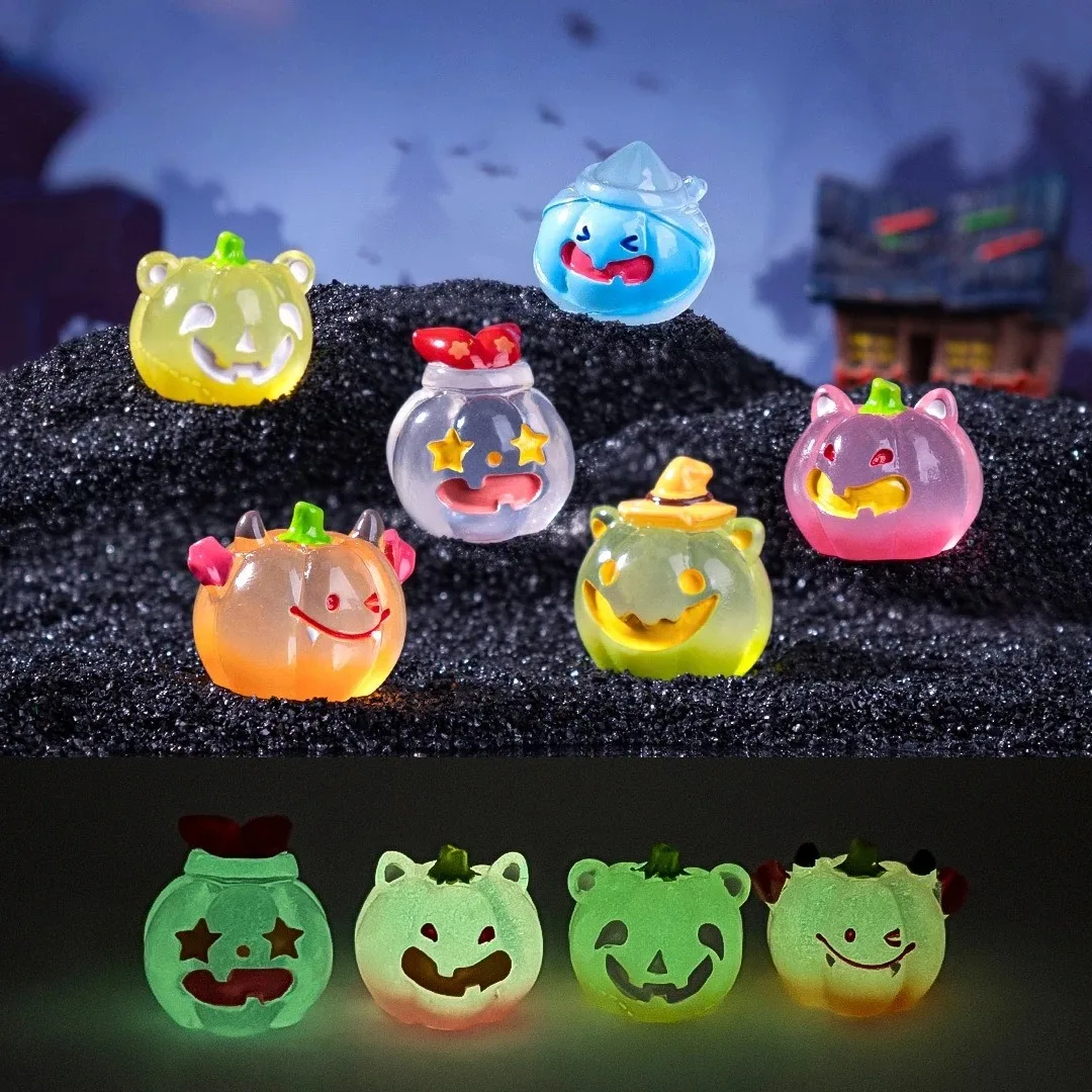 6Pcs Luminous Halloween Pumpkin Figurine Micro Landscape Landscape Resin Craft Mini Fairy Garden Ornaments Home Desk Decor