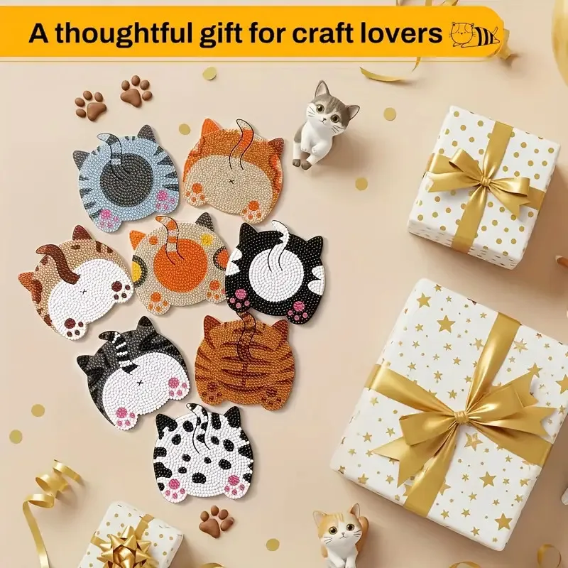 8-piece DIY Diamond Painting Wooden Cup Mat Set, Cute Animal Pattern Mosaic Tea Cup Mat with Bracket, Christmas Decoration Non s