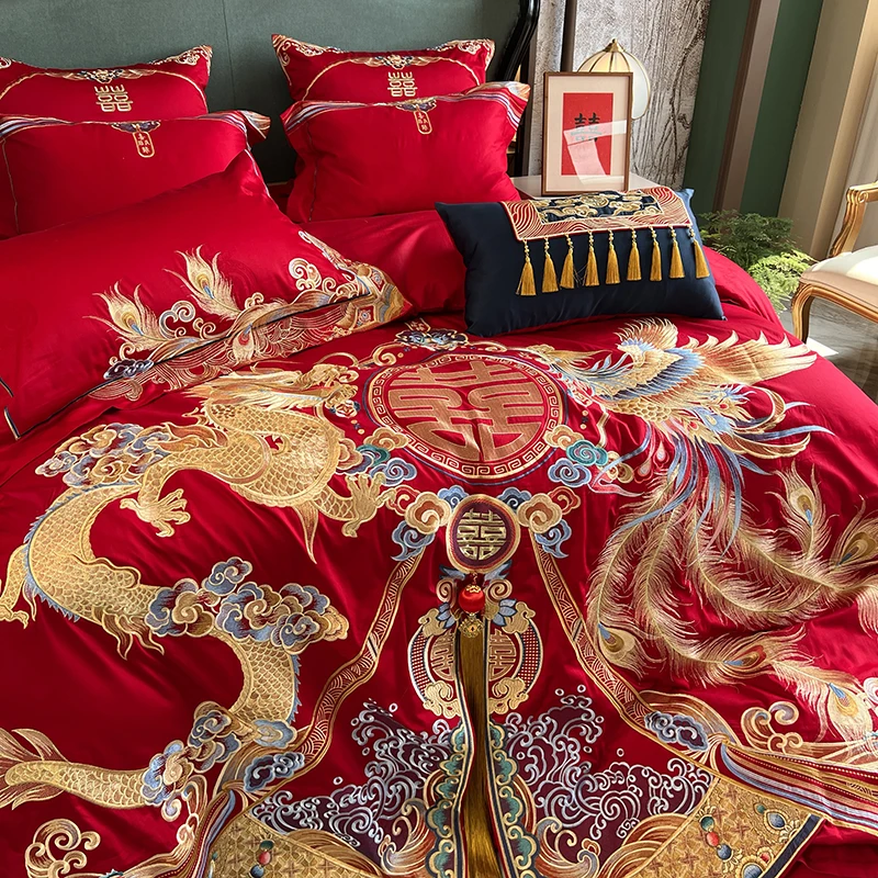 Chinese Luxury Wedding Bedding Set, 1000TC Egyptian Cotton, Gold Loong Phoenix Embroidery Duvet Cover, Bed Sheet, Pillowcases