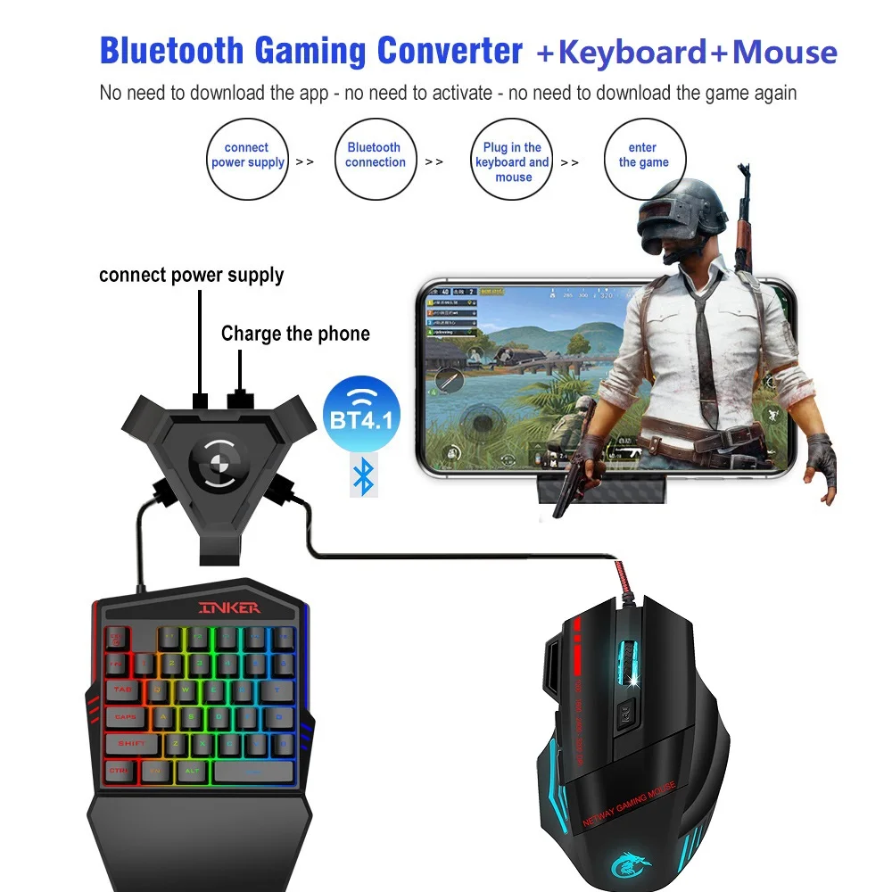 

Computer Gaming Keyboard Mouse Combo with Bluetooth Converter for PUBG Android Mobile Phone Tablet Game Controller Phone Holder