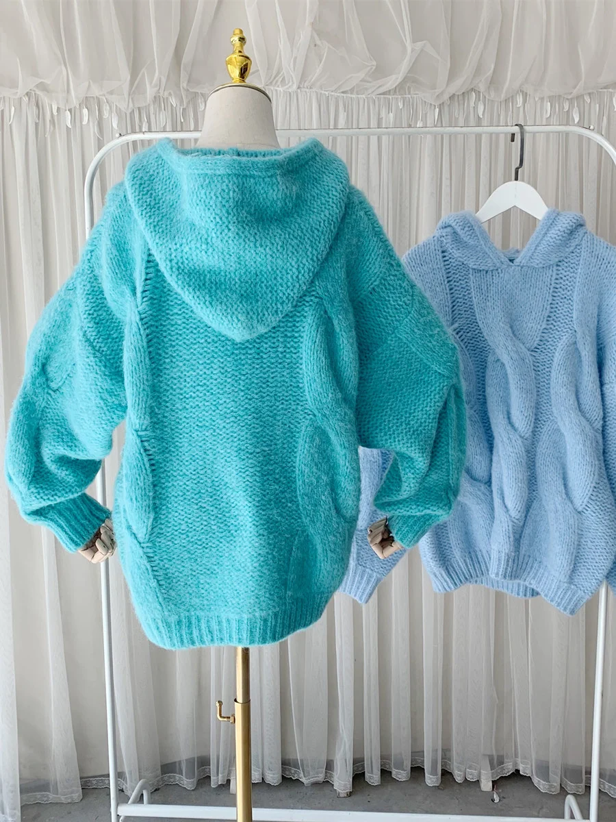 

Sweet Pullover Knit Tops Long Sleeve Blue Sweater Hooded Thick Warm Trendy Ladies Tops Clothing 2022 Autumn Winter H249