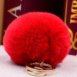 Fluffy Rabbit Fur Pompom 8CM Real Natural Fur Balls Key Chain K005-red