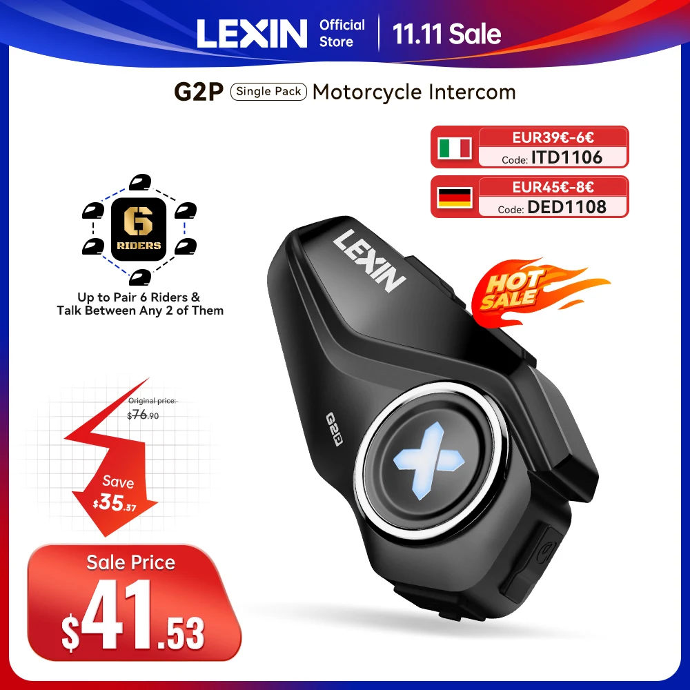 Lexin G2P Motorcycle Intercom Helmet Bluetooth Headsets,Handsfree Communicator Up to 6 Riders Interphone with FM Radio