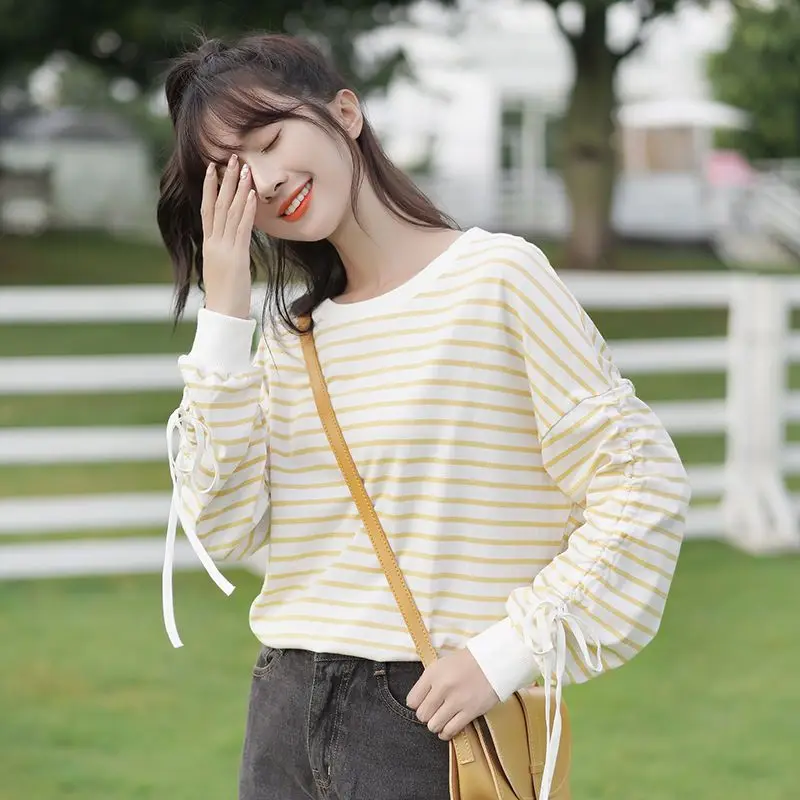 Fashion O-Neck Shirring Striped Lace Up Bow T-Shirt Female Clothing 2023 Spring Autumn New Casual Pullovers Sweet Tee Shirt