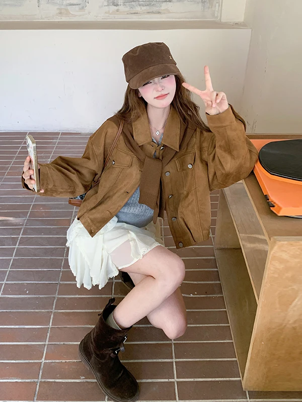 

Вязаная накидка на плечи из оленьего бархата, коричневая, женская, весна-осень, новая, повседневная, приталенная, с длинными рукавами