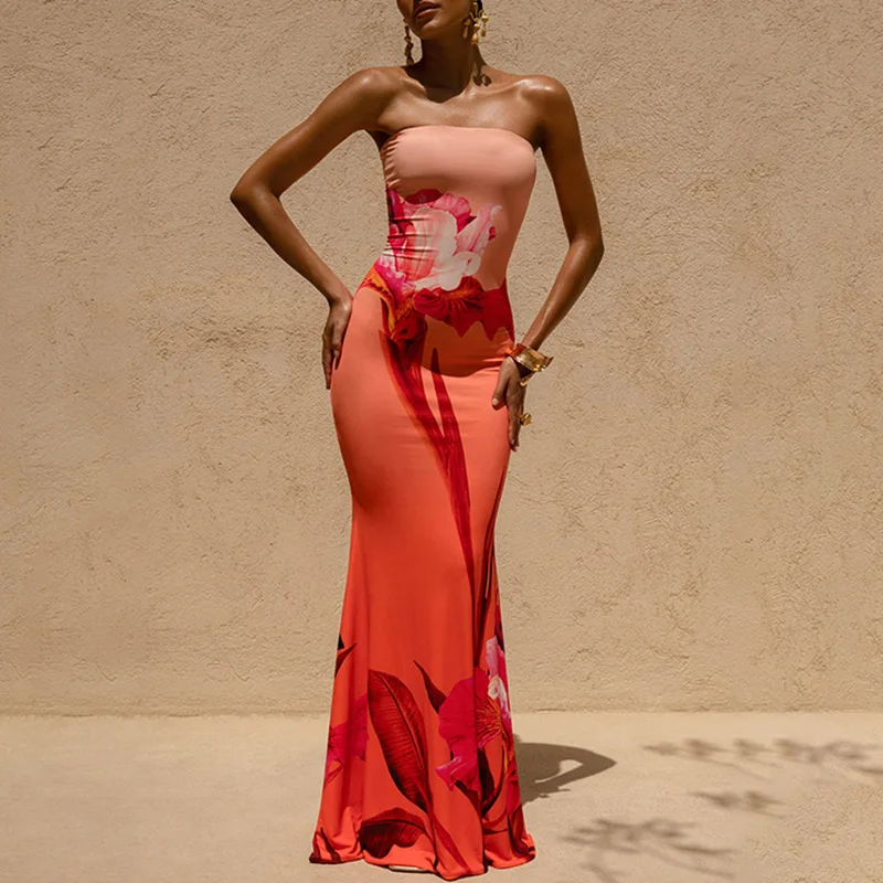 여름 백리스 보헤미안 비치 선드레스 여성 Y2K 섹시 스트랩리스 홀터 맥시 드레스 신상 패션 플로럴 프린트 튜브 롱 드레스 베스티도스