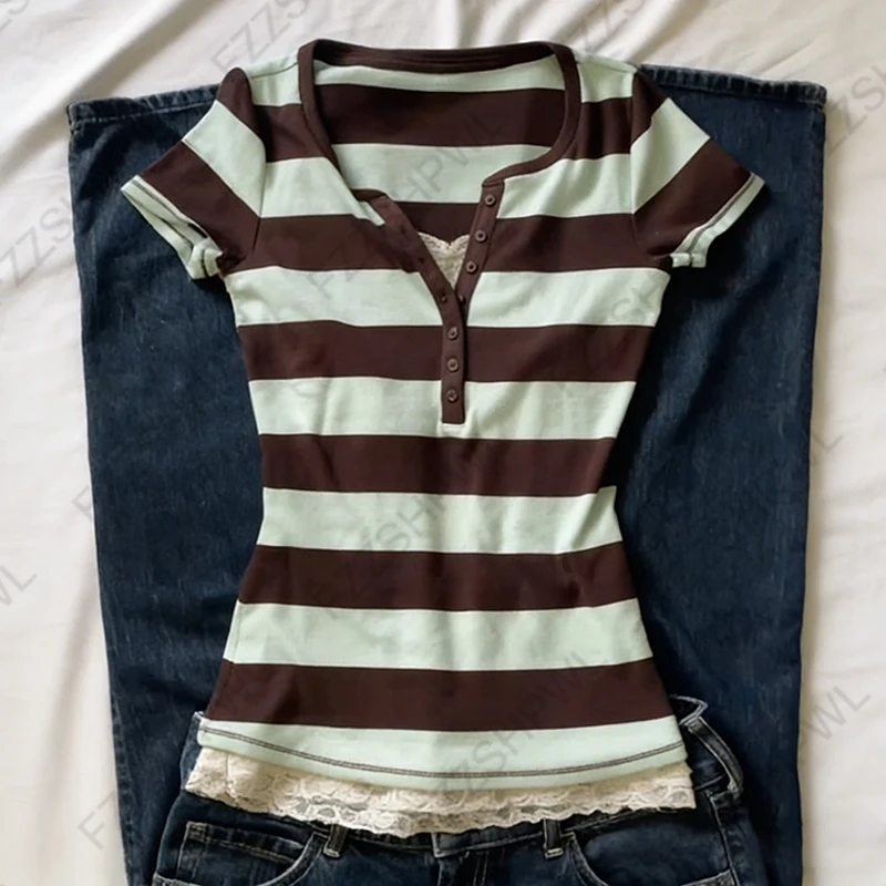 Top Corto Vintage Y2K para Mujer, Casual, Elegante, Estilo Dos Piezas, con Bloques de Color, Manga Corta, Camiseta a Rayas para Primavera/Verano, Ropa Urbana