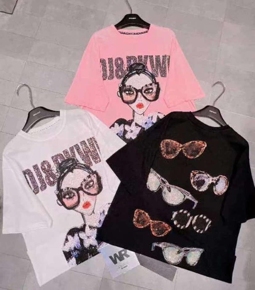 European Goods Hot Drilling Cartoon Women's T-shirt 2024 Summer New Fashion Brand Loose Mid-Length Glasses Beauty Printed Top