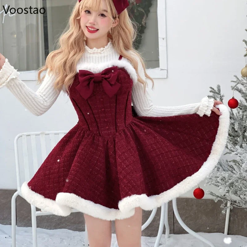 Autumn Winter Christmas Red Dress Sets Women Sweet Bow Plush Shawl Short Jackets Mini Skirts Suit Kawaii New Year 3 Piece Set