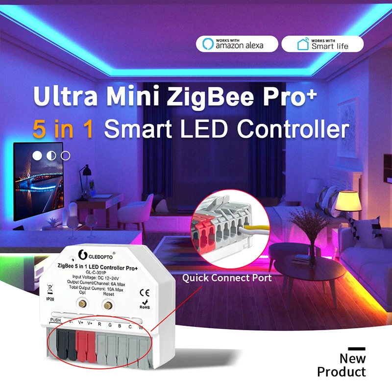 GLEDOPTO ZigBee3.0 Pro+ Ultra Mini 5 in 1 LED Strip Controller RGBCCT RGBW WWCW APP Voice Control ZigBee2mqtt Conbee SmartThings