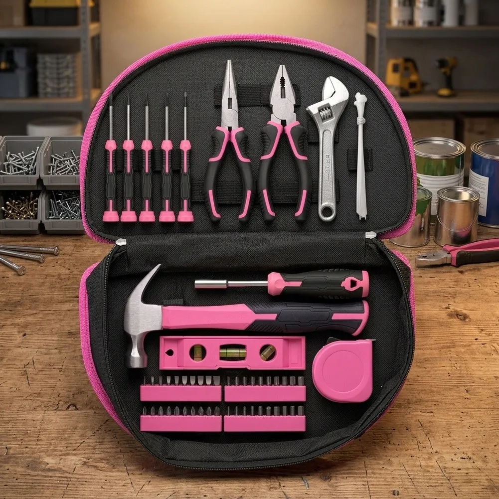 63 Piece Pink Tool Kit Carbon Steel Hand Tool Set With Round Storage Bag For Women Household DIY Repair And Furniture Assembly