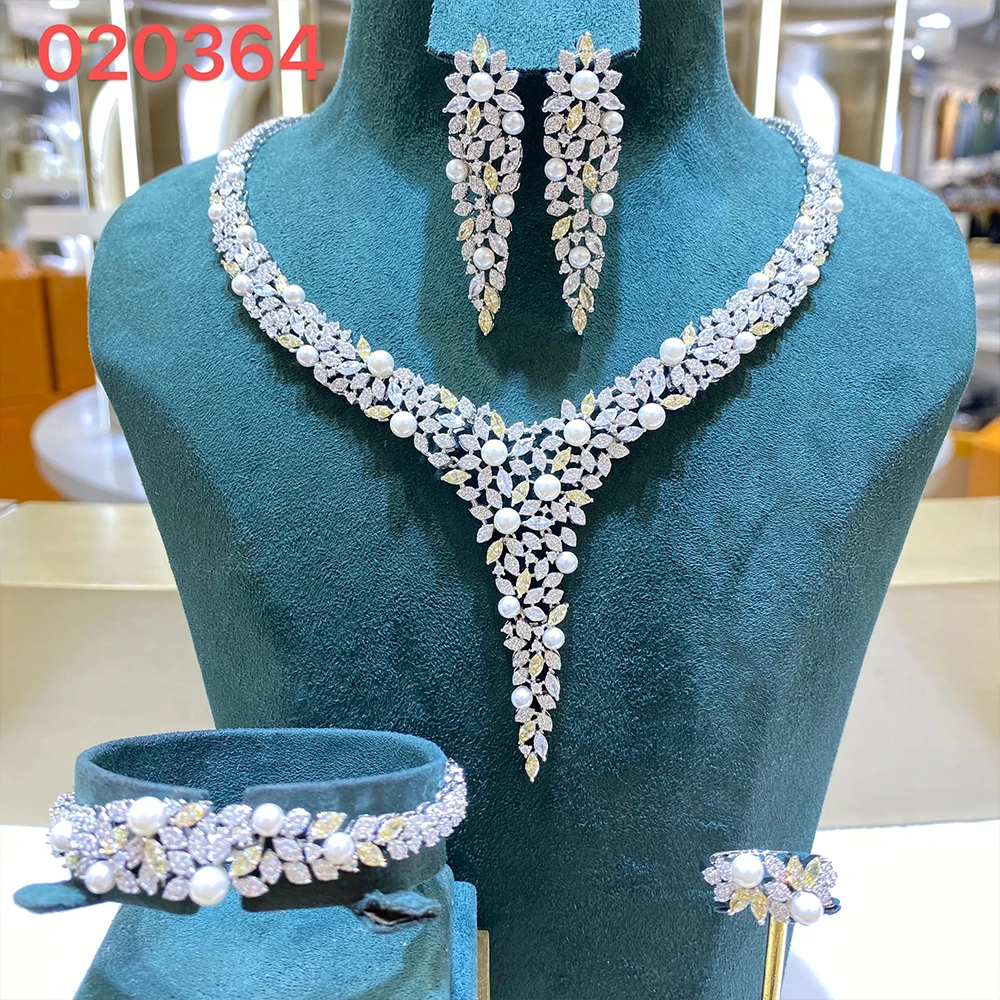 

020364 Women Necklace Sets Cubic Zirconia Pearl Bridal Jewelry DuBai Saudi Wedding Engagement Party Festival Jewel Accessory