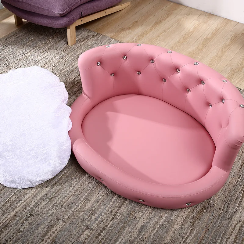 

2022 Factory Custom OEM Diamond Luxury Leather Pet Dog Bed Sofa Large Wood Pet Cat Sleeping Bed Round Rattan Pet Bed Sofa