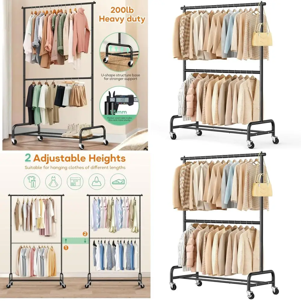 

Sturdy Double Rod Metal Clothes Rack on Wheels for Hanging Coats and Shirts (Black)