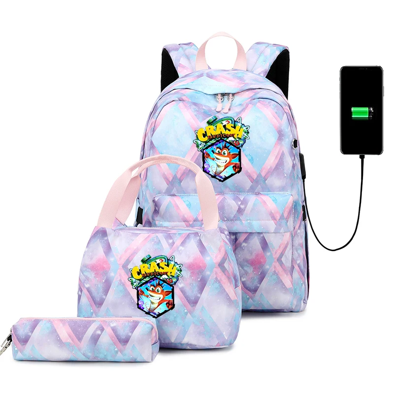 

Fashion Printed Crash Bandicoot Backpack 3pcs Set Boys Girls USB Charging Bookbag Mochila Teenager Kids Travel Casual Backpack