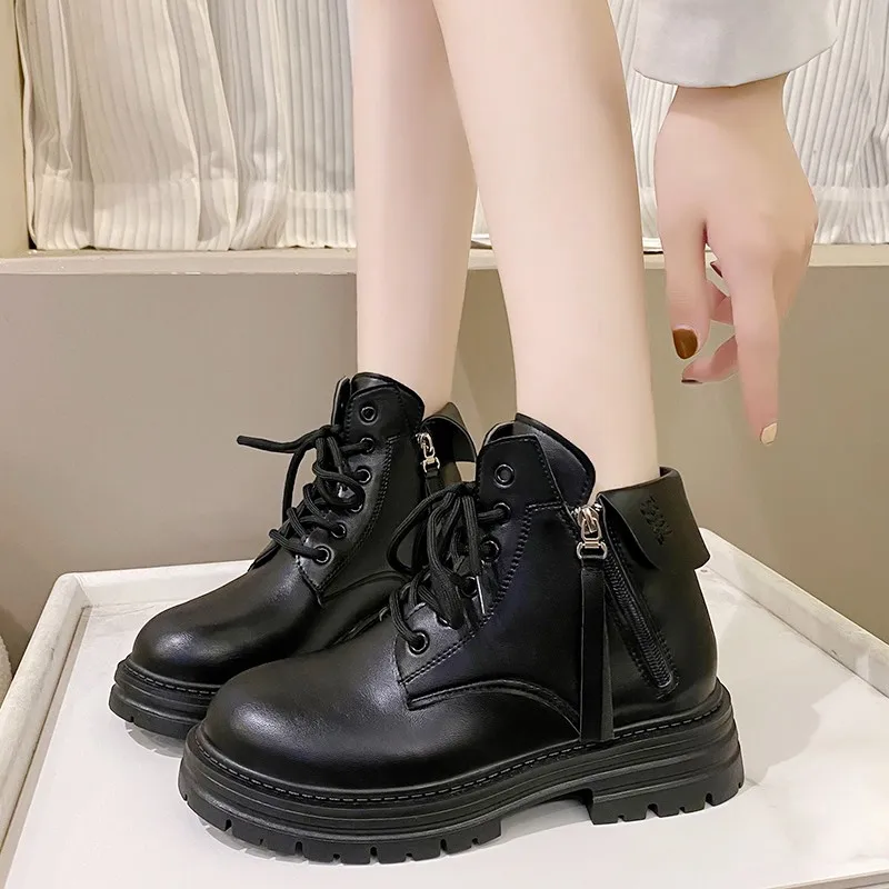 2023 Ladies Shoes Side Zip Women's Boots Classics Ankle Boots Women Turned-over Edge Round Toe Lace-up Square Heel Shoes Women