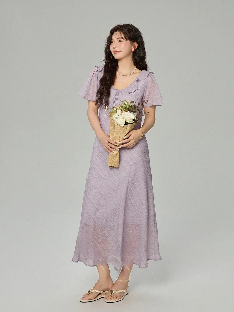 

Женская нежная шифоновая юбка больших размеров с V-образным вырезом для похудения, фиолетовая длинная юбка трапециевидной формы с высокой талией, французская юбка Sle ort Sve