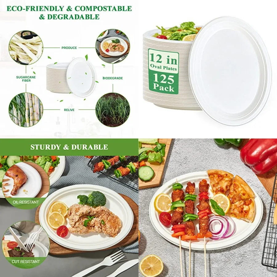 

0 Compostable Oval Paper Plates ch 5 Pack Super Strong Disposable Paper Plates Bagasse Natural Biodegradable Eco-Friendly Sugar