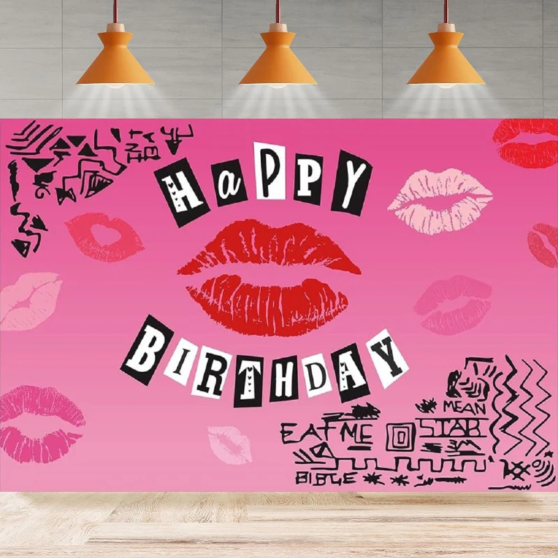 

Hot Rose Pink Lip Theme Happy Birthday Photography Backdrop Bridal Shower Bachelorette Background Party Backdrop Wall Banner