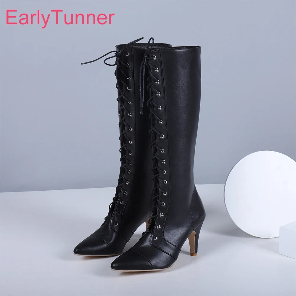 

Совершенно новые гламурные черные женские сапоги до колена для танцев на пилоне, сексуальные женские туфли на высоком каблуке со шнуровкой, маленький большой размер 11, 32,3, 45, 47