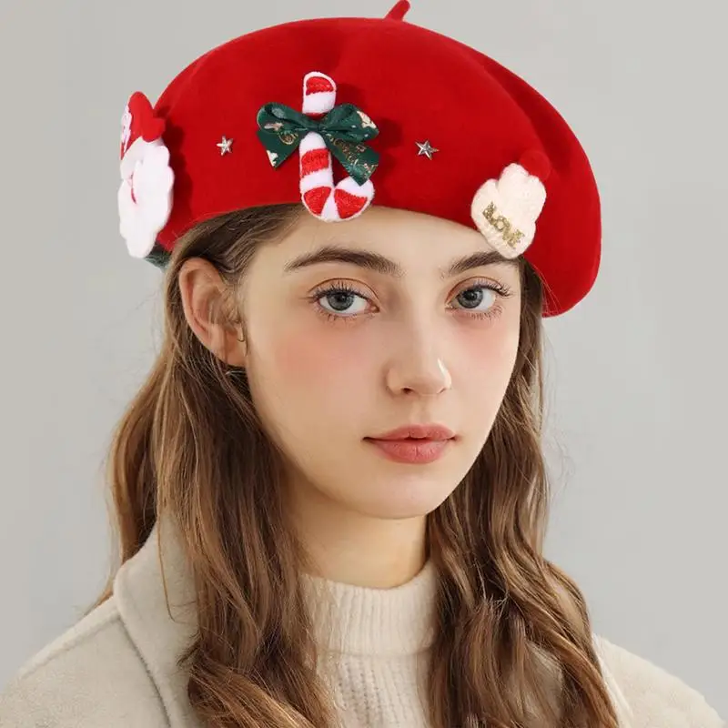 Christmas Hat Fashion Warm Hat Women's Cute Christmas Beret Hat Decorative Wool Artist Beanies Hats Painter Hat for Adults