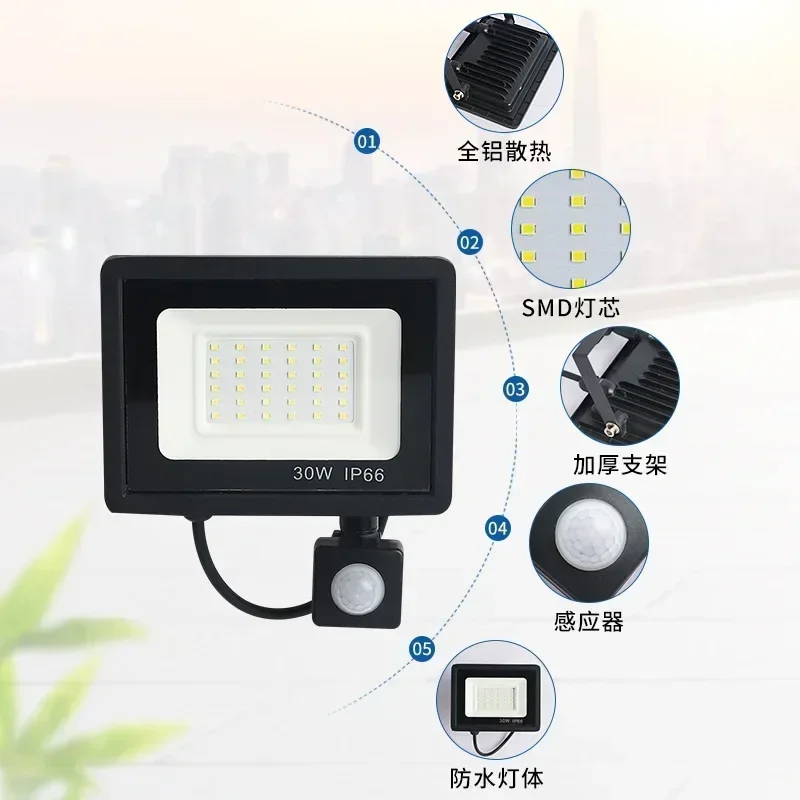 LED Induction Small Apple Floodlight 50W100W White Warm Light Outdoor Waterproof Human Body Infrared Induction PIR Floodlight