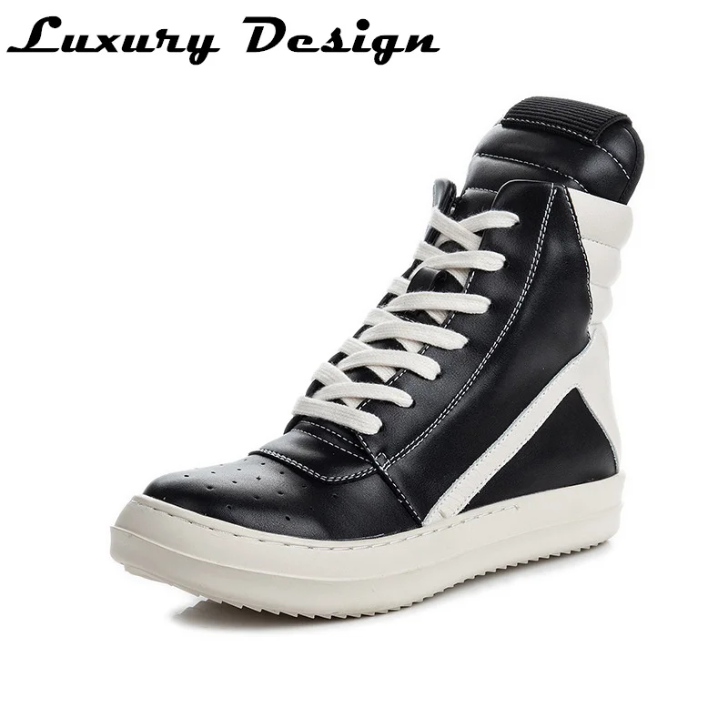 Ankle High-Top Men Shoes Boots Genuine Leather Sneakers Luxury Trainers Knight Boots Casual Lace Up Side Zip Flat Platform Shoes