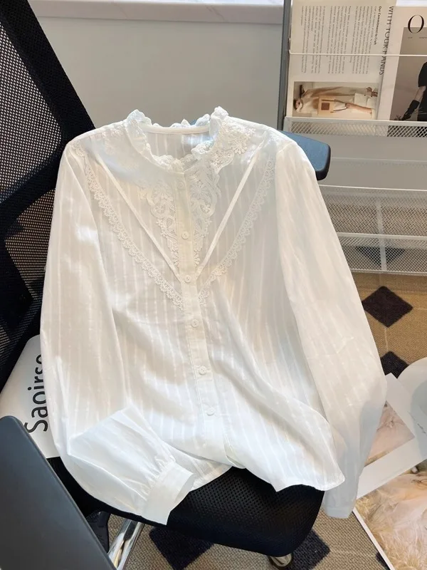 

Faionable Lace Trim Stand Collar Long Sve Women's irt Loose Fit Spring Autumn Winter Breathable Cotton Casual Top