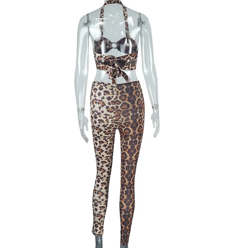Doyerl Leopard Print Sexy Night Club Outfits Woman Two Piece Set Party Halter Lace-up Strapless Crop Top and Pencil Pants Suit