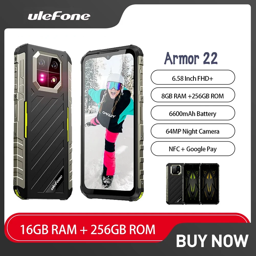 Ulefone-アーマー22頑丈なスマートフォン、Android 13、16GB、8GB RAM、128GB、256GB rom、64mp、6600mah、nfc、4g携帯電話の使用、すべてのイブニング