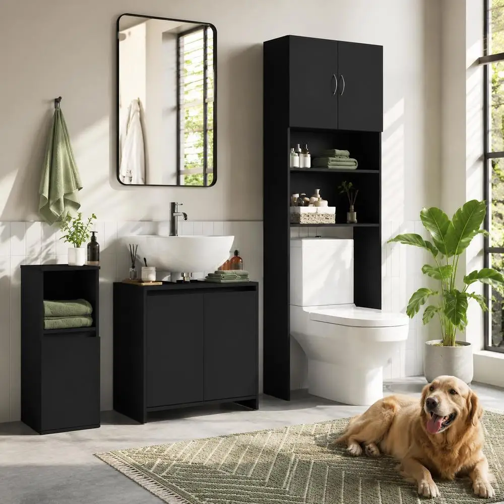 Badezimmerschrank aus Holzwerkstoff 60 x 33 x 61 cm Schwarz mit 2 Türen und 1 Fach, schlankes modernes Design, freistehender Badschrank mit Stauraum für Badezimmer und Flur.