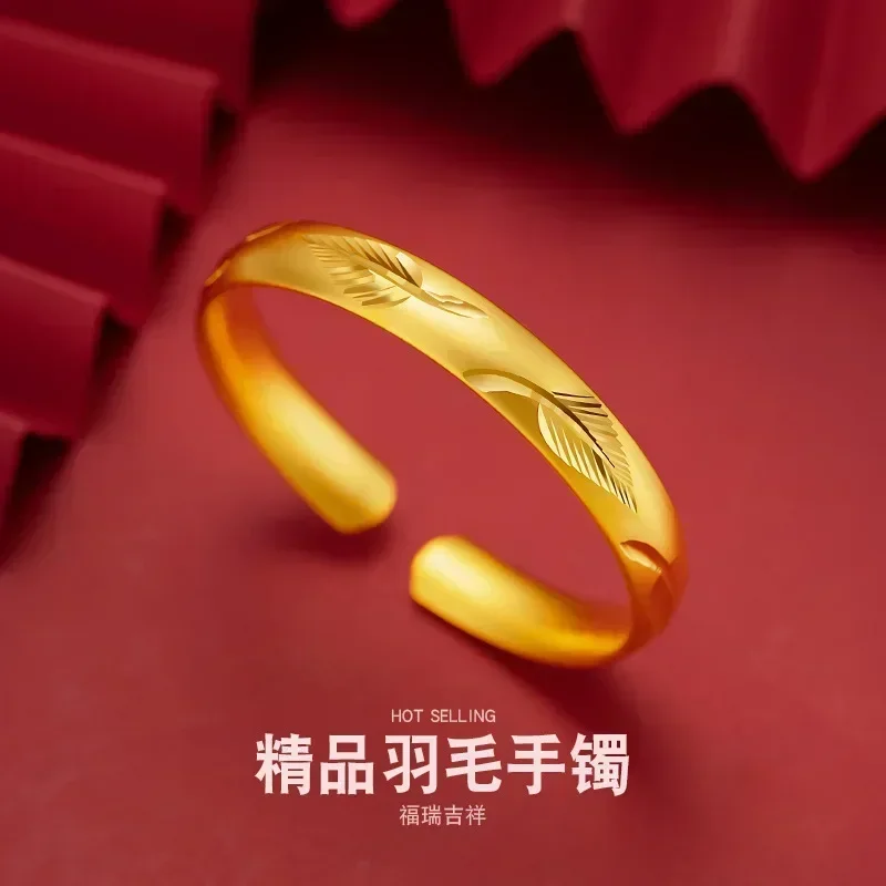 

High quality real gold 24K open bracelet 999 heritage series AU750 non-fading dragon and phoenix feather gift for girlfriend