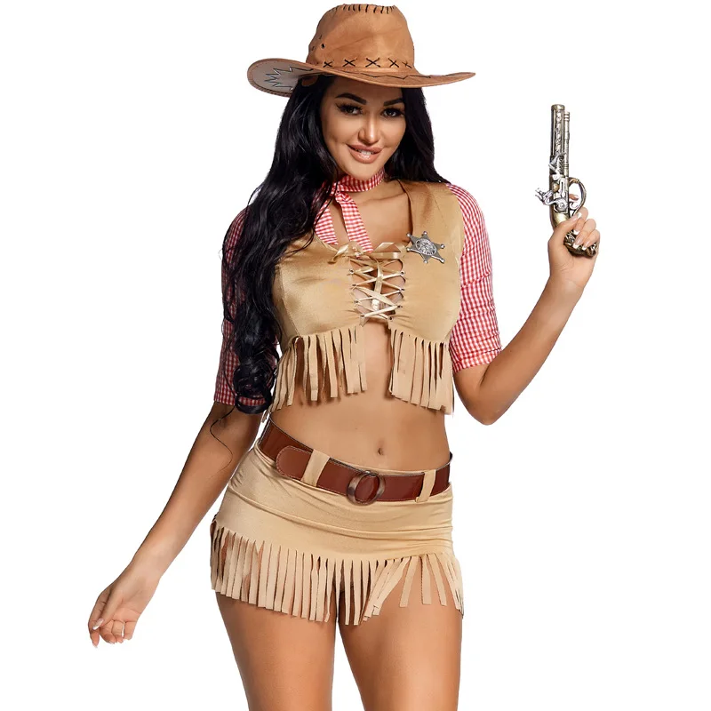 Sexy Wild West Cowboy Costume Clubwear Retro Tribe Tassels Huntress Outfit Cosplay Carnival Halloween Fancy Party Dress