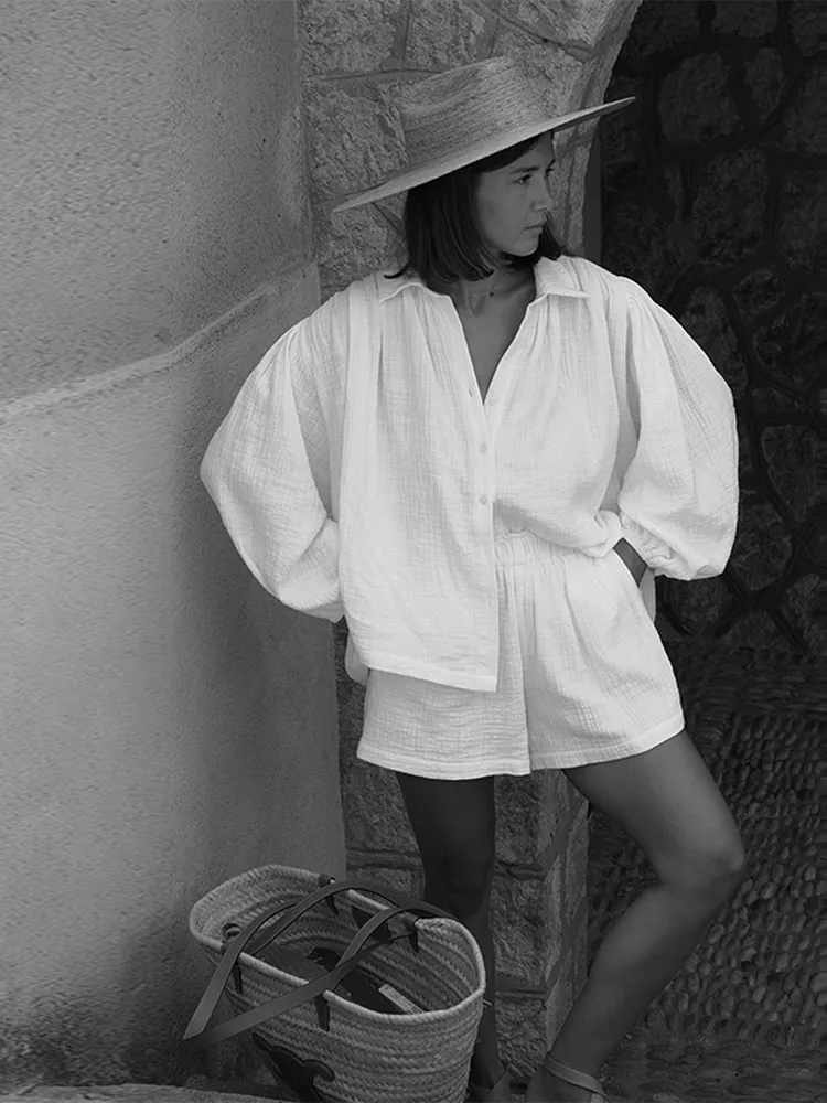 Single Breasted Shirt Set For Women Casual Elastic Waist Wide Leg Short Pants Suit 2025 Summer New Fashion Daily Commute Outfits