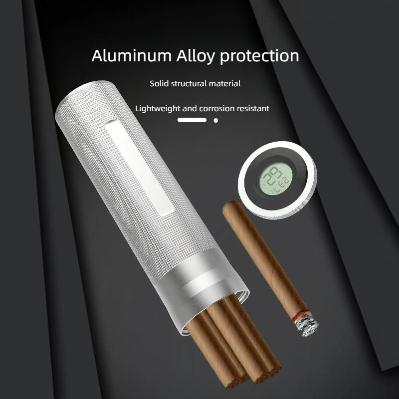 

Портативный хьюмидор для сигар из алюминиевого сплава с цифровым дисплеем, вмещает 3-5 сигар, легкий и устойчивый к коррозии