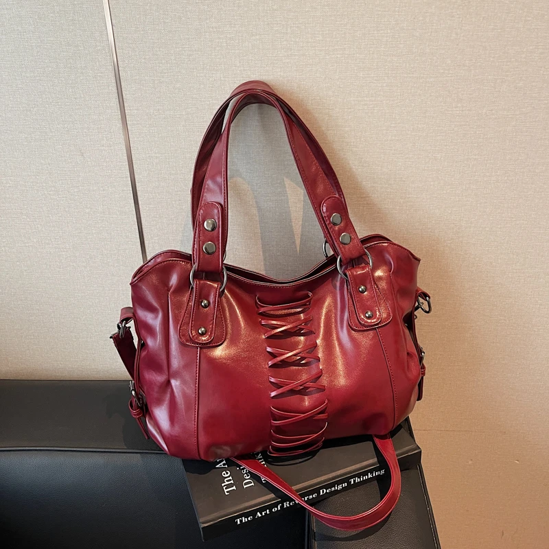 

Retro Motorcycle Women Crossbody Bag PU Lace Up Rivet handbag Large Capacity Adjustable Strap Shoulder bag for Commute