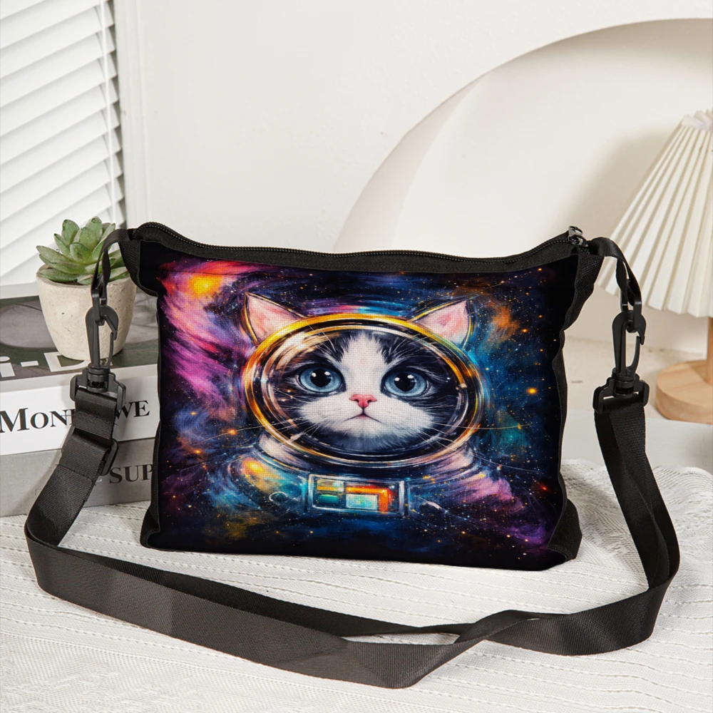 Cat Astronaut Space Galaxy Print Crossbody Bag Black Shoulder Bags For Women Men Travel Daily Use Casual Fashion Accessory