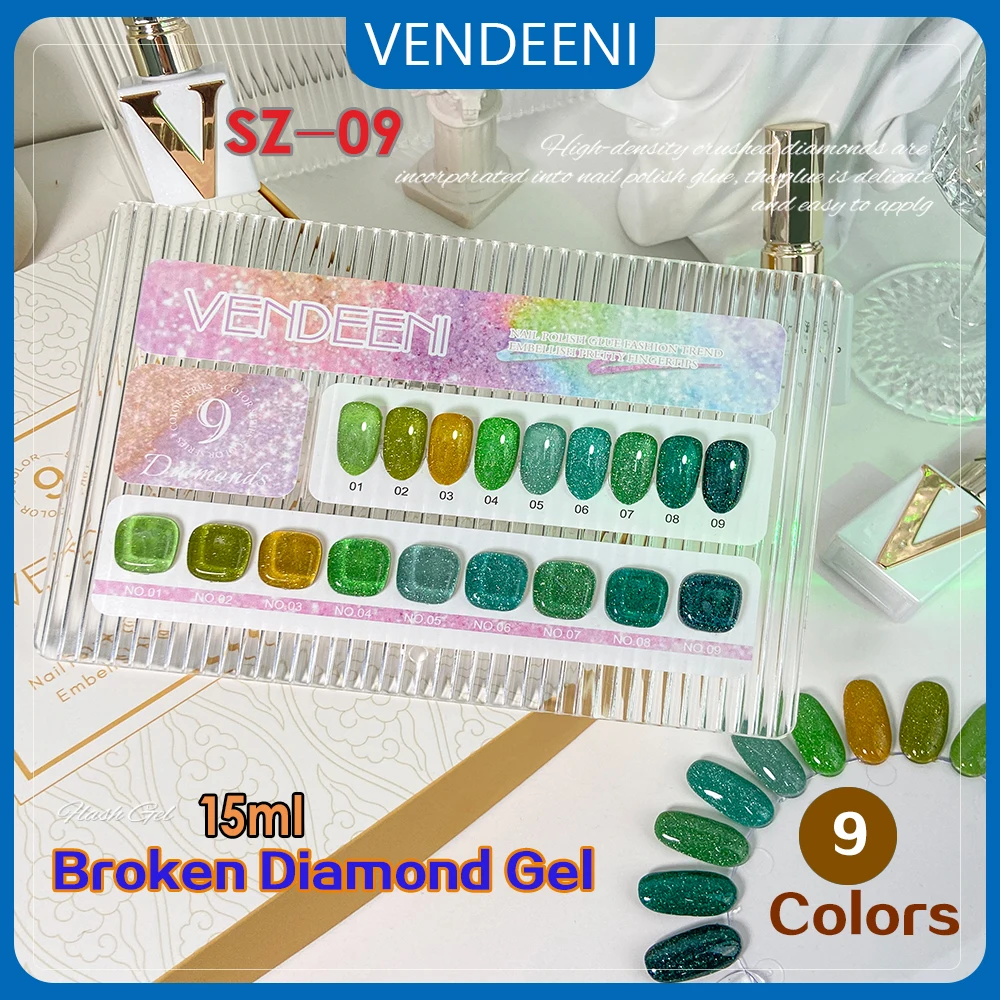 Vendeeni 15ml 9 Color/set Glitter Green Broken Diamond Gel Nail Polish Soak Off UV Led Flash Forest Green Nail Art Varnish