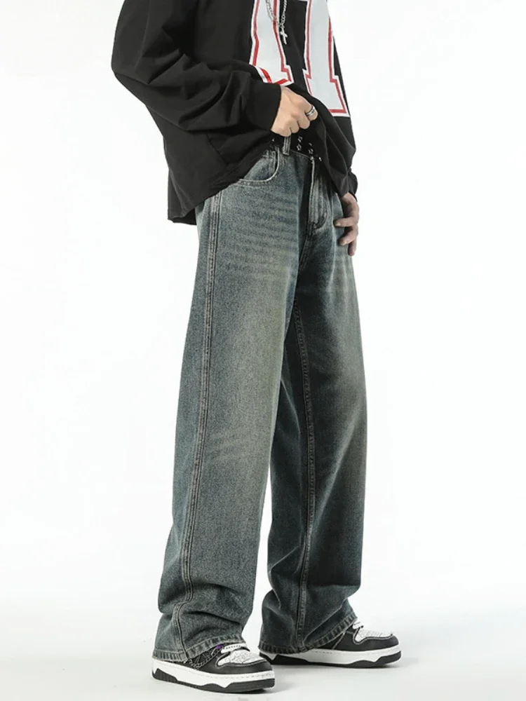 Men's Clothing Classic Jeans American Vintage Straight Leg Pants Fashion Trend High Street Loose Do Old Micro-lapel Drag Pants