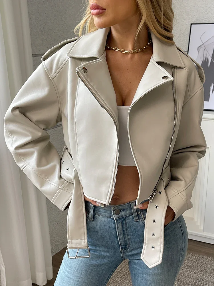 

Streetwear Women Loose Moto Biker Pu Faux Leather Jacket Spring Autumn Female Zipper Belt Retro Coat Outwear