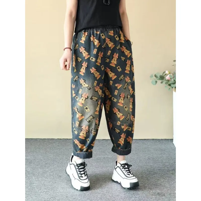

baggy jeanDisney Mickey Print Jeans for Women Spring Summer Thin Fabric Loose Slim 8 Points Harem Pants Patchwork Denim Trousers