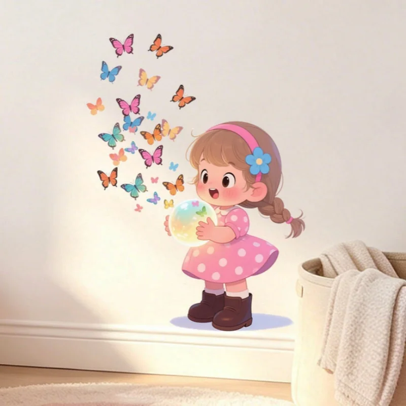 Cute Cartoon Little Girl Wall Stickers Pink Polka Dot Dress Colorful Butterflies Magic Bubble Wall Decals Removable Girls Nurser